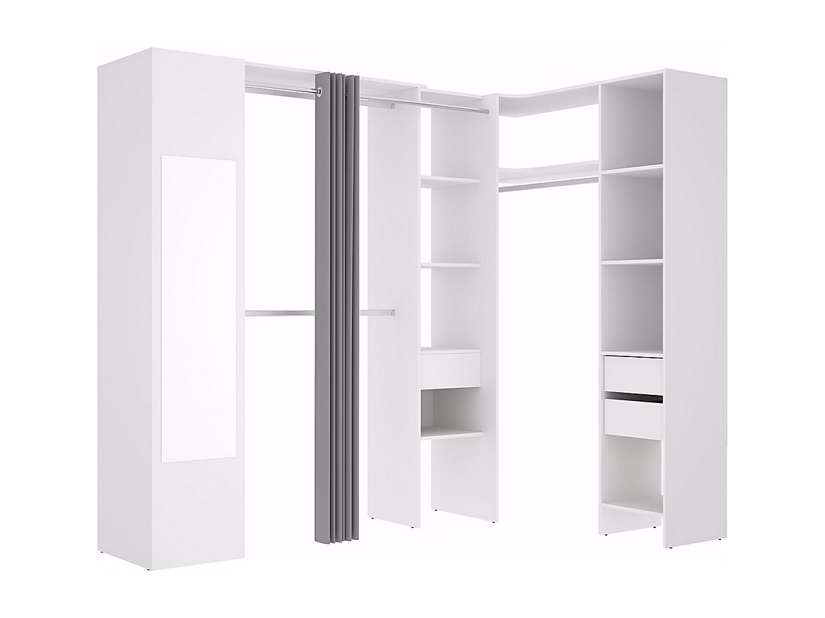 Dressing d'angle avec rideau et 1 porte | Avec miroir – L231 cm – Blanc et gris – BERTRAND