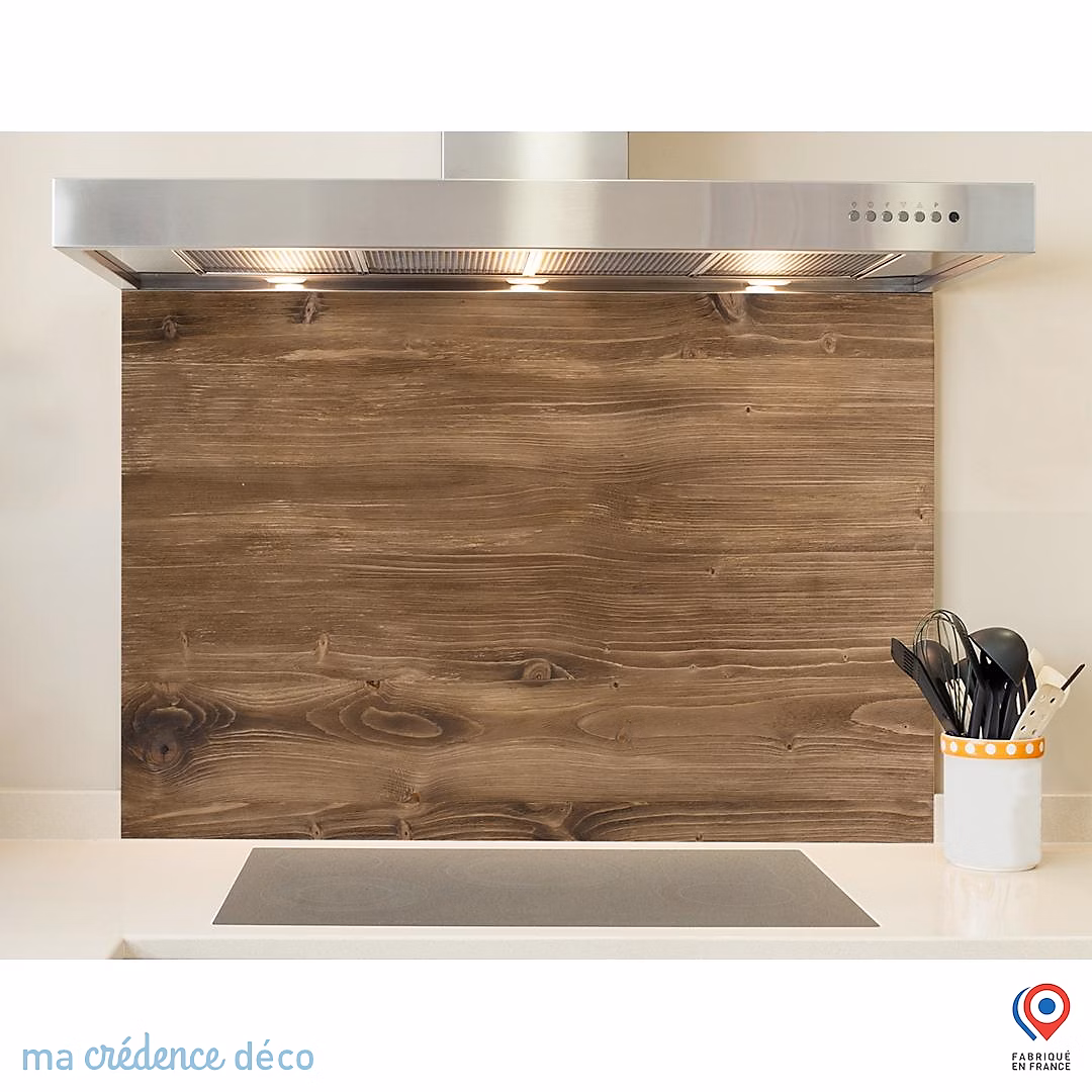 Crédence cuisine fond de hotte Bois – Verre trempé, L 90 cm x H 70 cm, MaCrédenceDéco