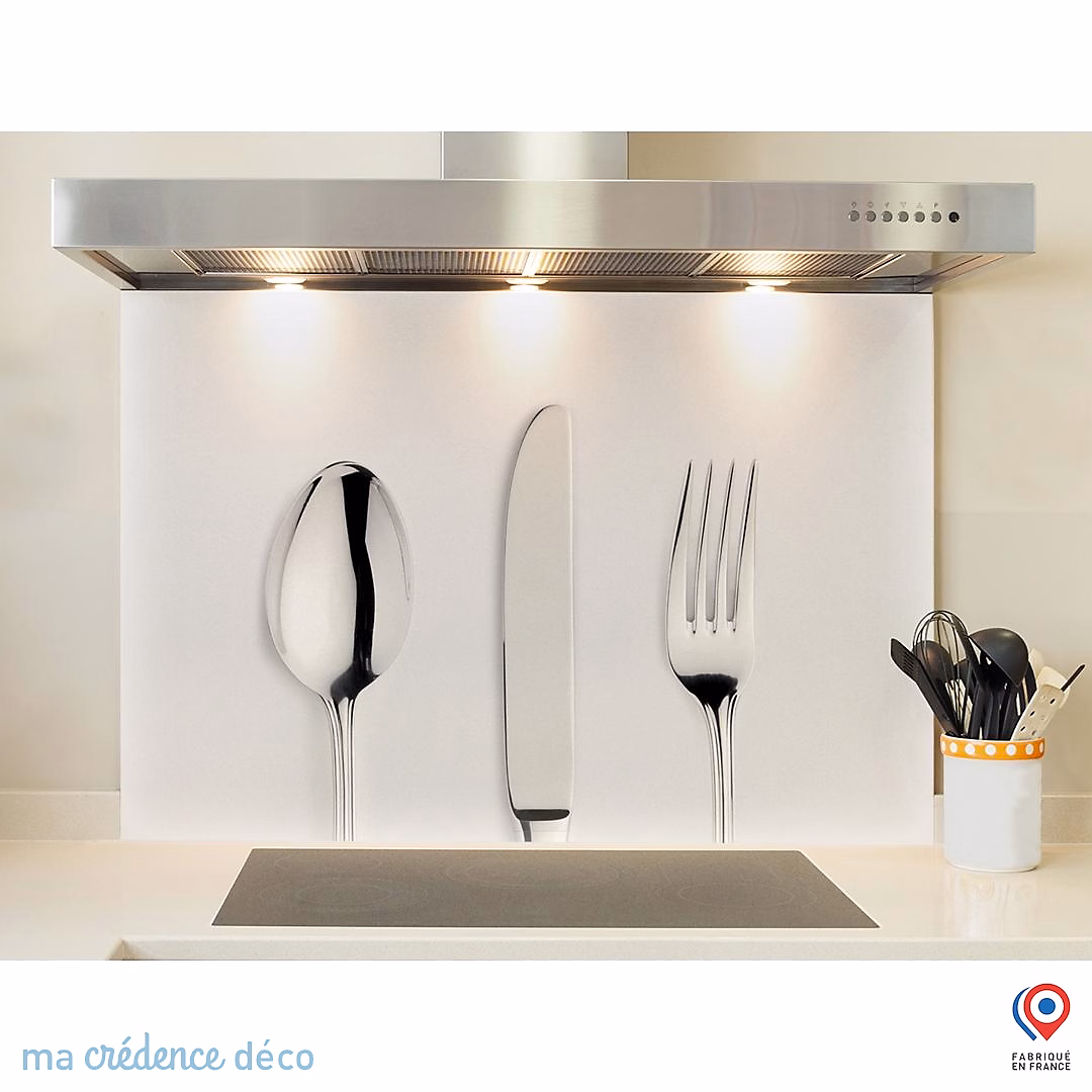 Crédence cuisine fond de hotte Couverts sur fond blanc – Verre trempé, L 90 cm x H 60 cm, MaCrédenceDéco