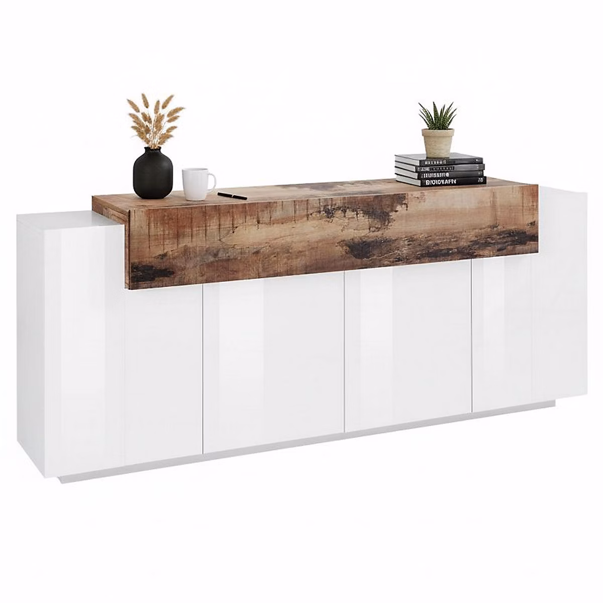 Buffet Loris – Buffet de cuisine avec 4 portes, Buffet de salon, 100% Made in Italy, 200 × 45h86 cm, Blanc brillant et érable