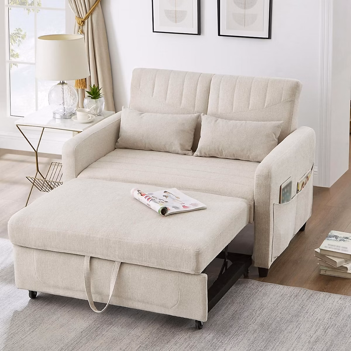 Canapé-lit 2 places avec fonction sommeil – design extensible, 3 positions de dossier, tissu coton-lin