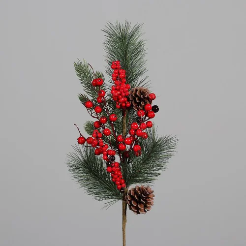 Les essentiels du jardin:Branche artificielle de pin-sapin avec baies et cônes sur pique – 57 cm