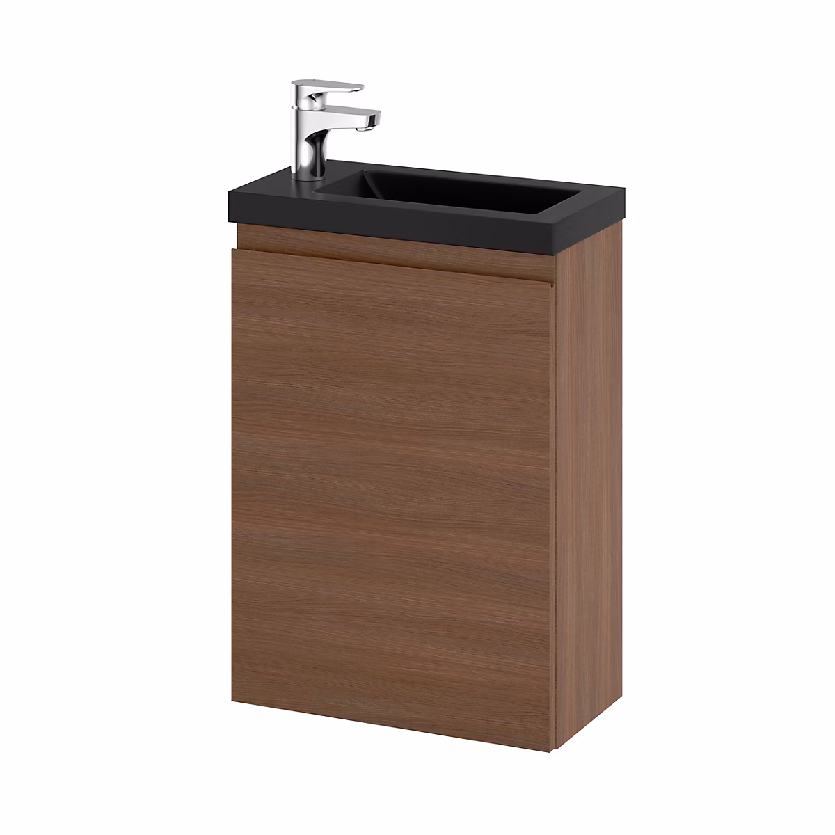 Meuble lave mains suspendu effet chêne foncé l.43 – 5 cm 1 porte Imandra + plan vasque noir résine Beni, GoodHome