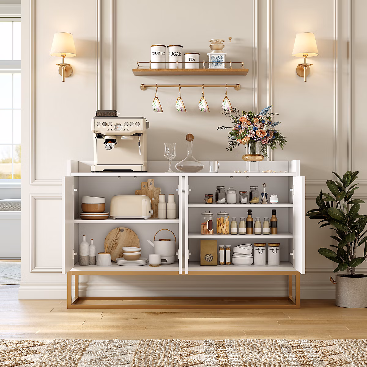 Buffet meuble cuisine moderne 4 portes – blanc, 120 × 30 × 80 cm, ideal salle a manger, salon ou cuisine
