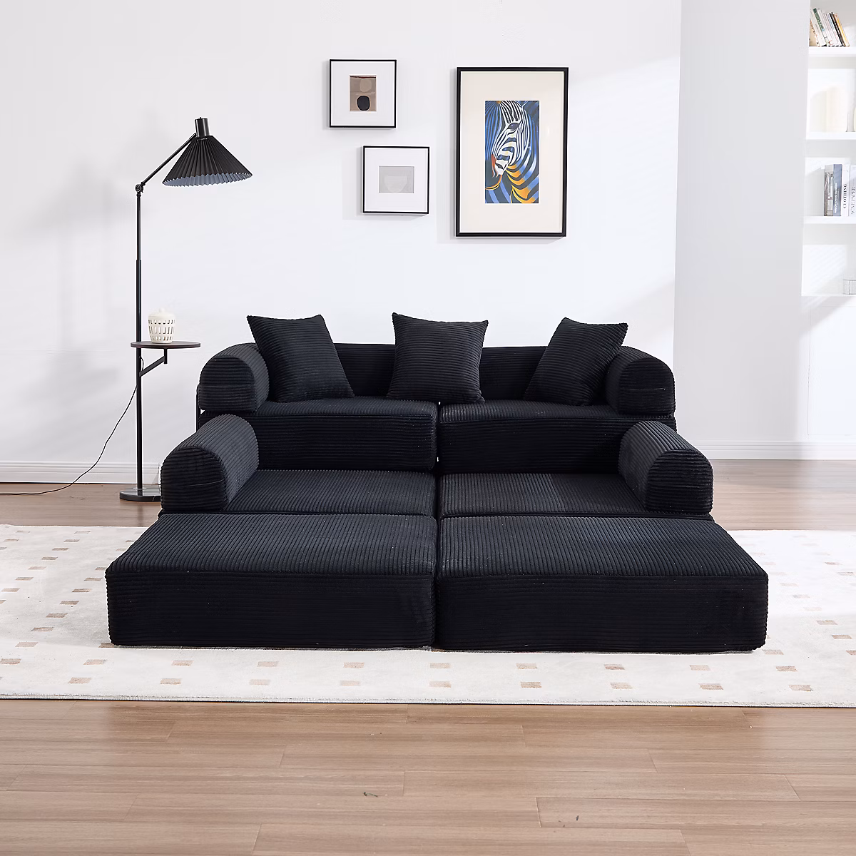 Canapé d angle modulable 270 × 180 × 90 cm convertible – en velours cotele noir avec poche laterale