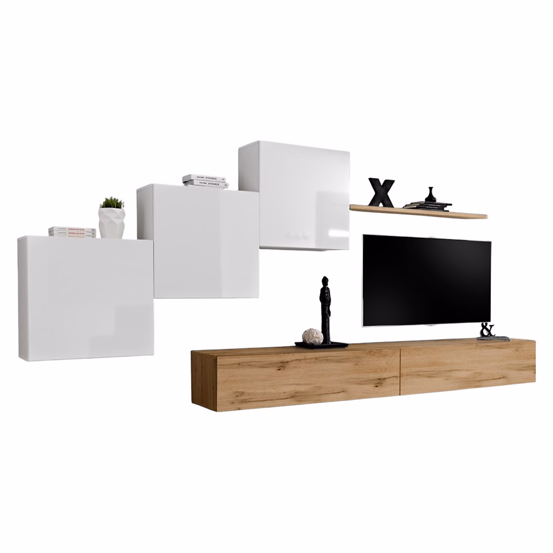 Composition murale SWITCH X Meuble TV mural – cubes suspendus et étagère Chene Wotan et blanc brillant Design moderne