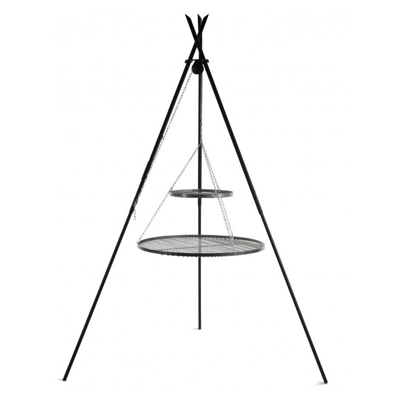 Barbecue 2 Grilles de Cuisson suspendu «TIPI» sur Trépied 210 cm – en acier 70 cm et 40 cm - Réf 111446