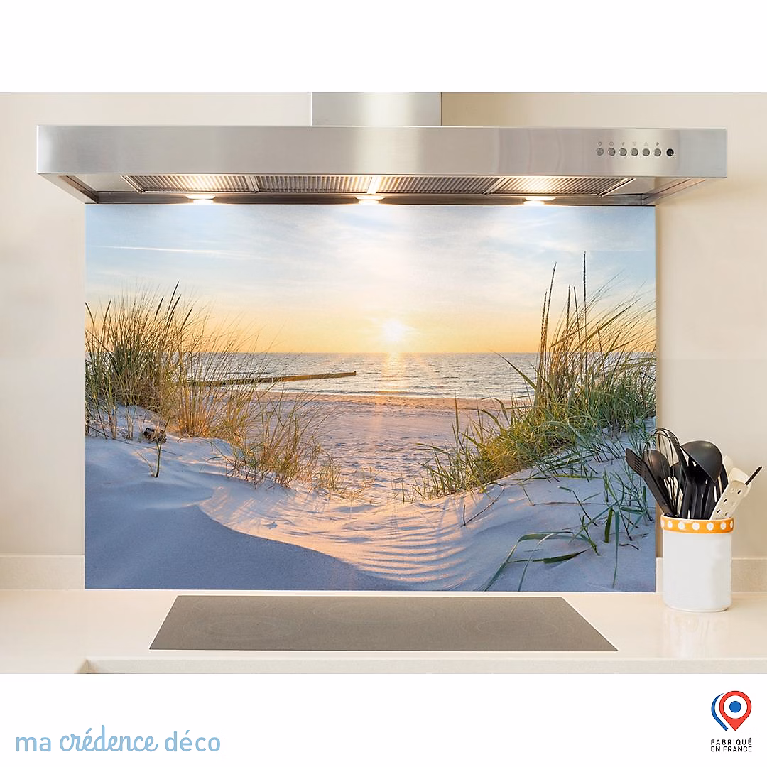 Crédence cuisine fond de hotte Dunes et soleil | Verre trempé – L 70 cm x H 60 cm – MaCrédenceDéco