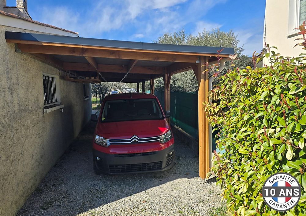 Carport adossé toit plat 300cmx1250cm – bois DOUGLAS Français (Charpente en bois | auvent | abri voiture) 38 m². Garantie 10 ans