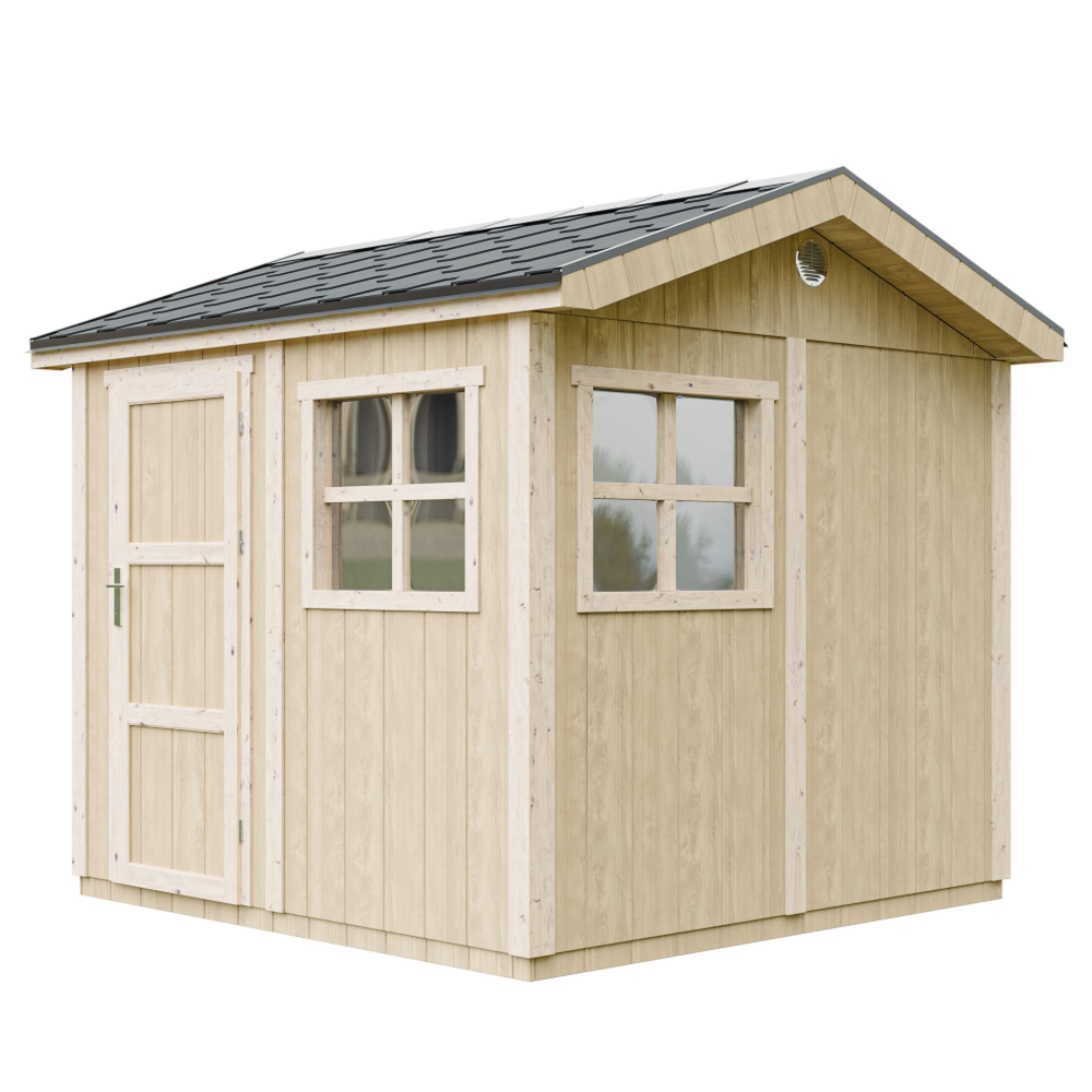 TIMBELA Abri de Jardin Qualité Premium 5,9m² H252x250x294 cm - Avec un sol et des bardeaux bitumineux M913