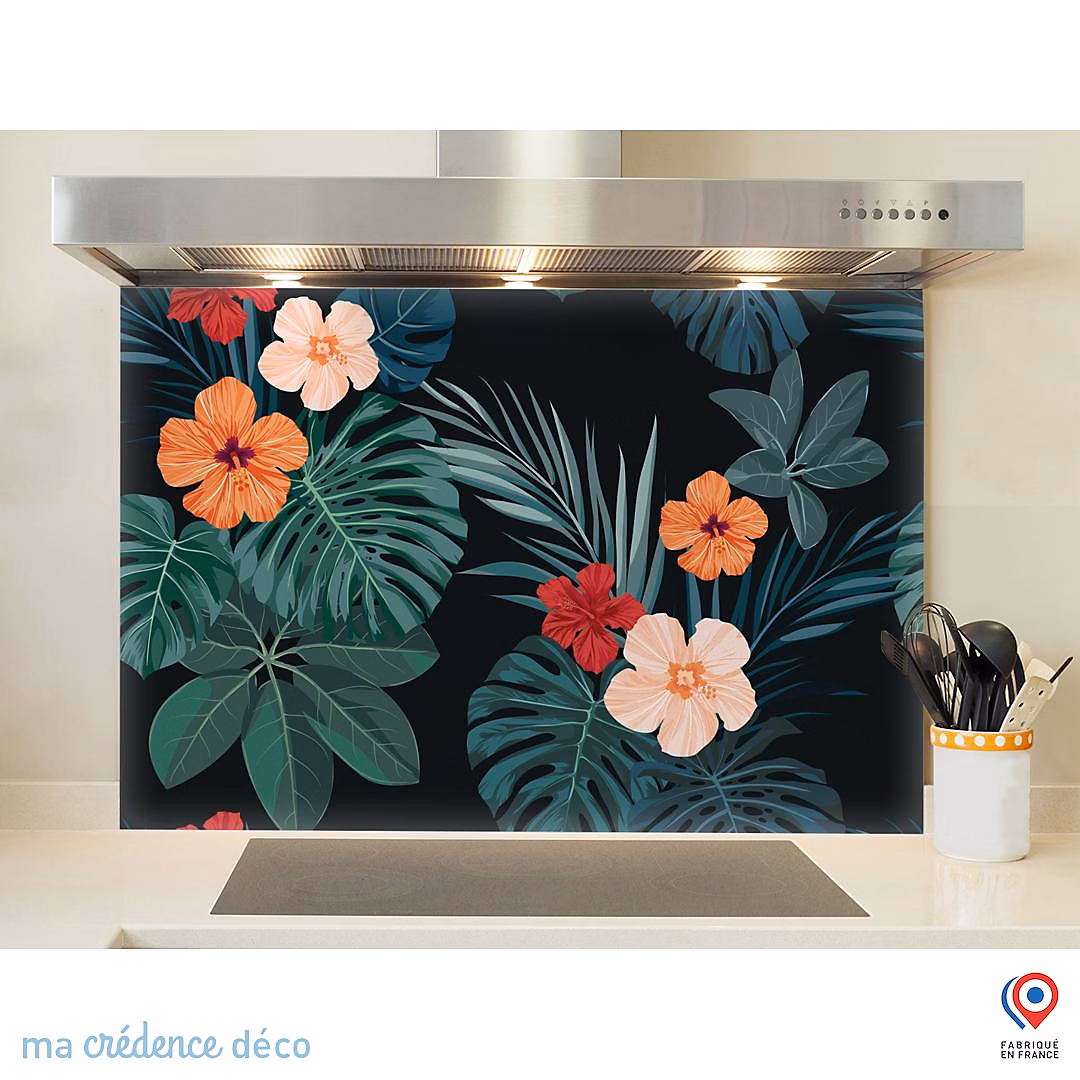 Crédence cuisine fond de hotte Végétation et hibiscus – Alu composite, L 90 cm x H 70 cm, MaCrédenceDéco