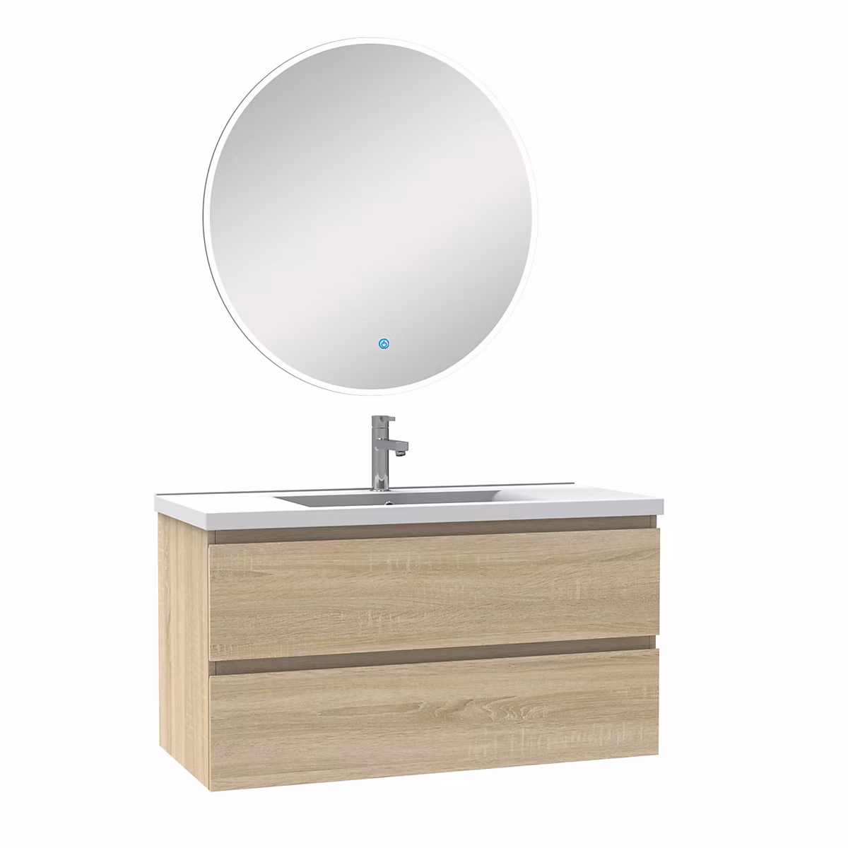 Ensemble meuble de salle de bains – Ensemble meubles Salle de Bain Chêne Wotan 100cm simple vasque + miroir lumineux rond