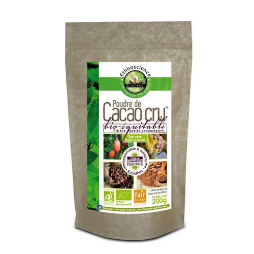 Style pour le jardin：Poudre de cacao cru bio équitable sans sucre Ethnoscience - 200 g