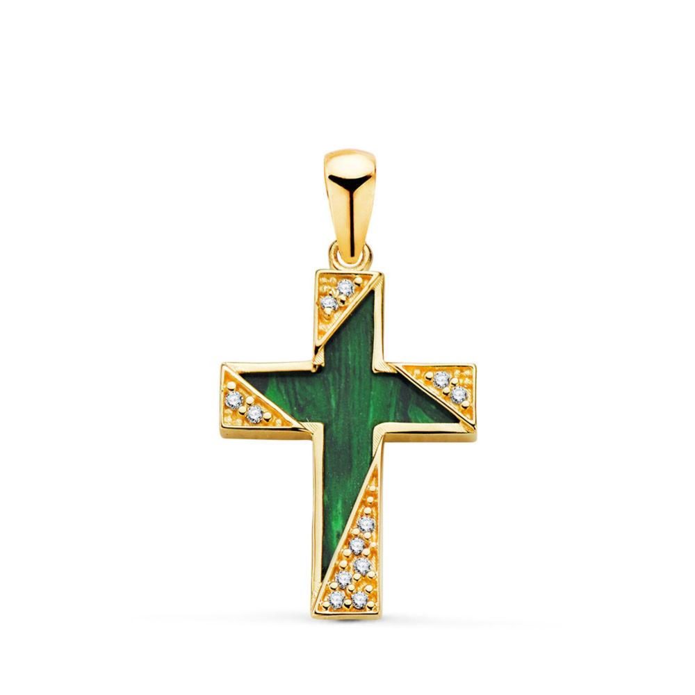 L'ATELIER D'AZUR Pendentif - Médaille Croix Or 18 Carats 750 Jaune - Malachite et Zirconiums - Chaine Offerte