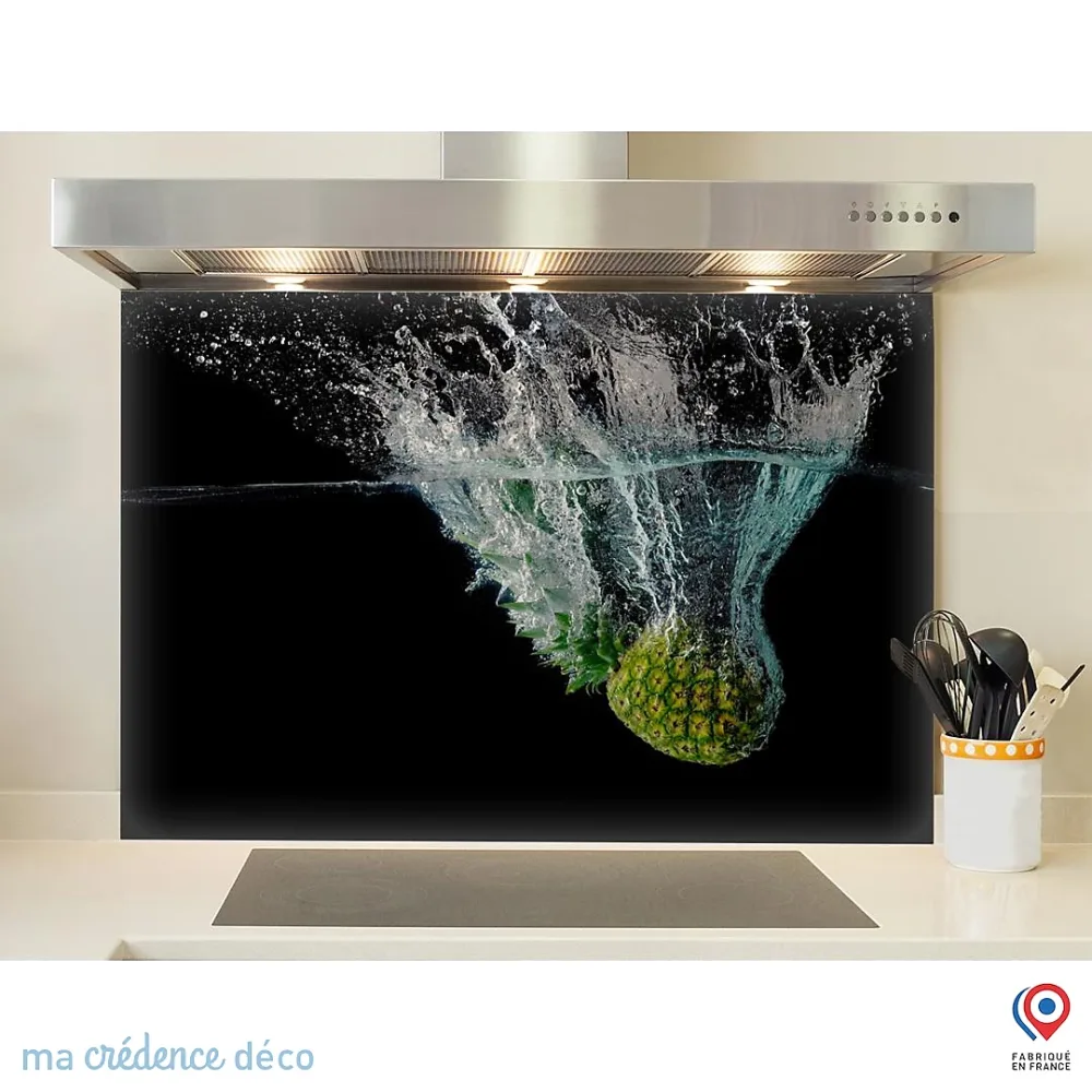 Crédence cuisine fond de hotte Bain et ananas – Verre trempé, L 90 cm x H 70 cm, MaCrédenceDéco