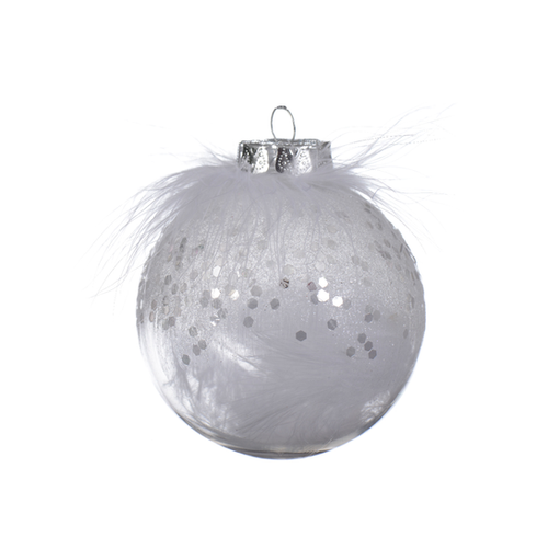 BOULE INCASSABLE TRANSPARENTE BLANCHE AVEC PAILLETTES ET PLUMES - ∅8CM