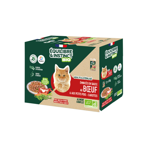ÉMINCÉS SAUCE POUR CHAT ÉQUILIBRE & INSTINCT® BIO - BOEUF & PETITS POIS - 12X85G