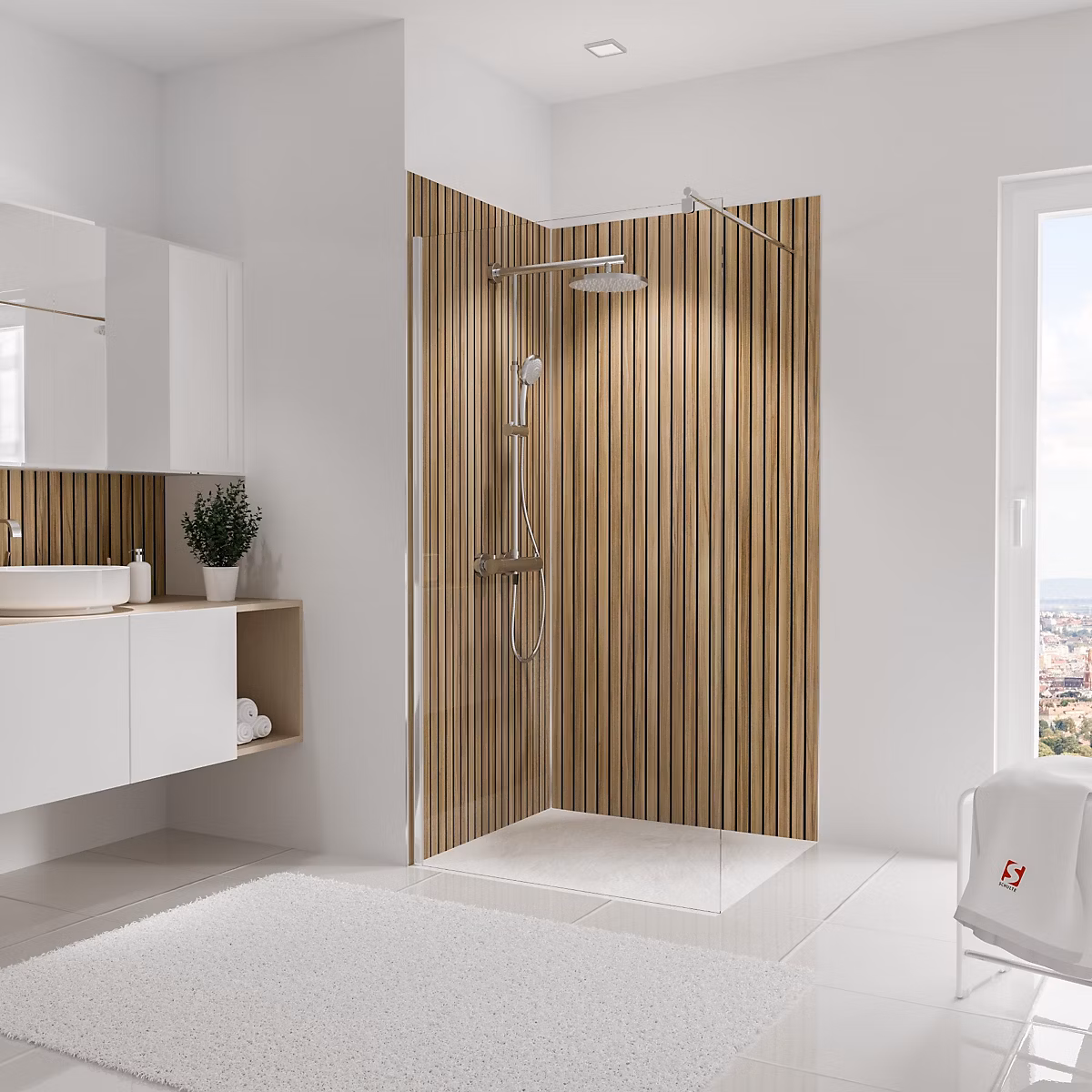 2 Panneaux muraux de salle de bains effet chêne tasseaux verticaux – l.100 x H.210 cm, Schulte Décodesign Japandi