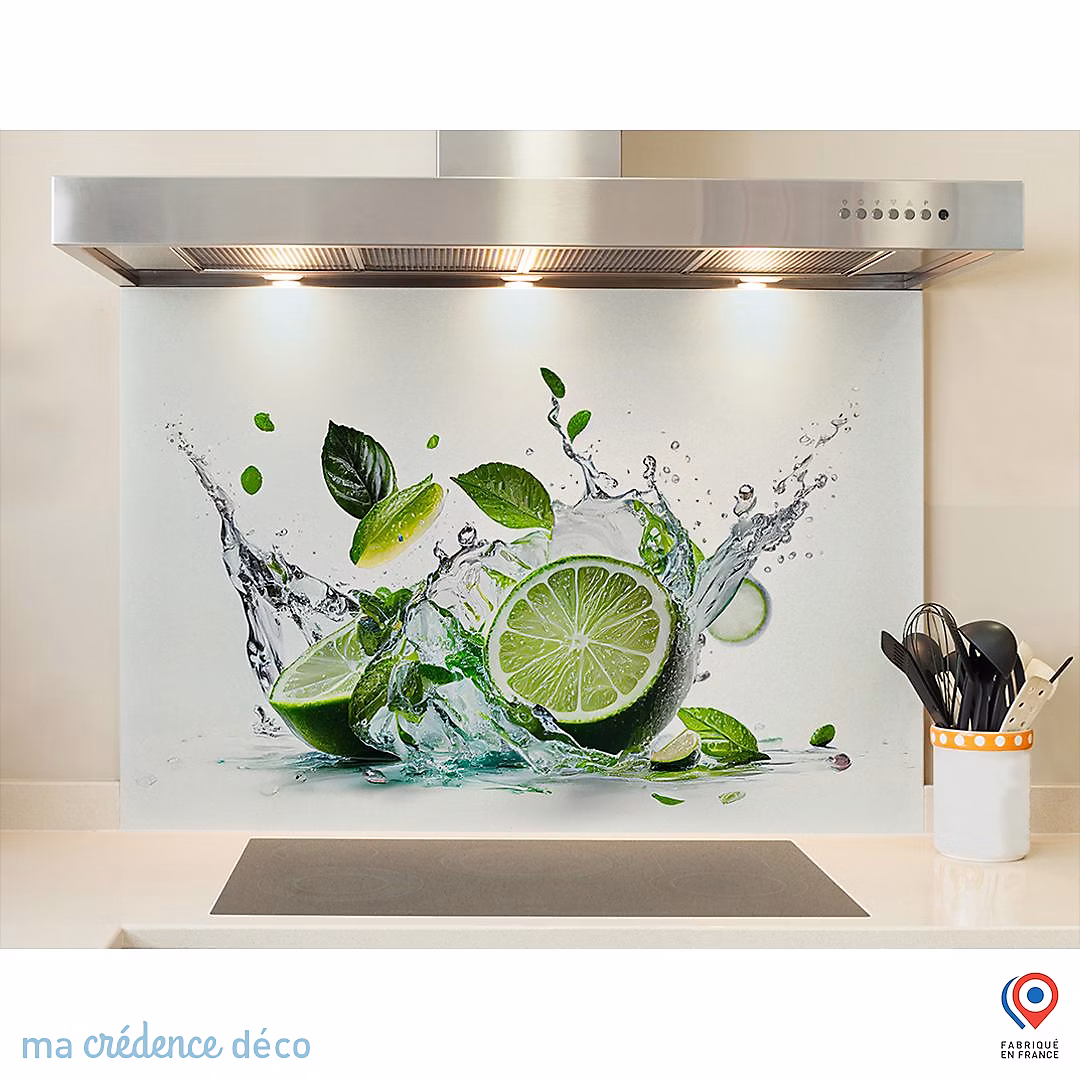 Crédence cuisine fond de hotte Citrons verts et menthe – Verre trempé | L 60 cm x H 45 cm | MaCrédenceDéco