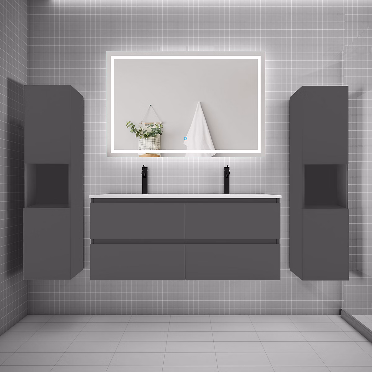Ensemble meuble double vasque L.120cm + lavabo + LED miroir + 2 colonne – anthracite