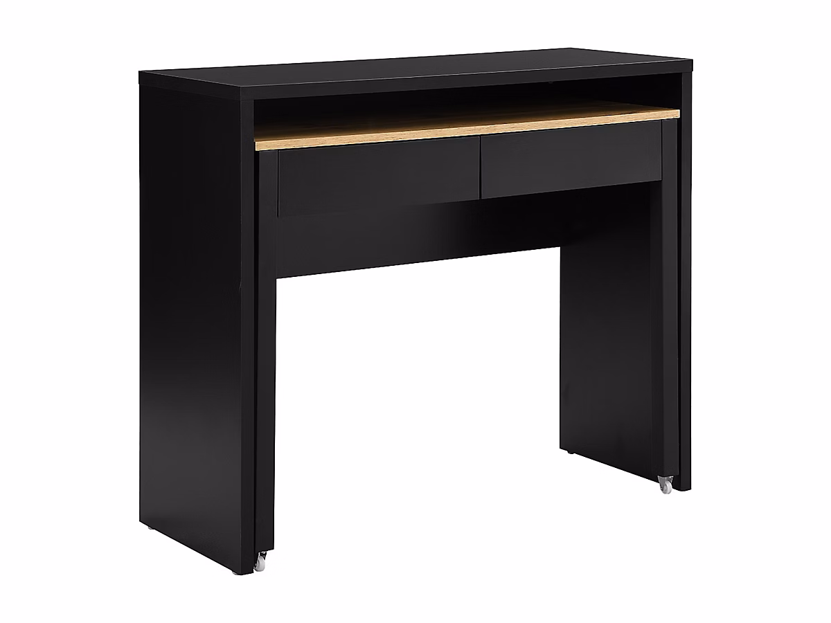 Bureau console extensible avec 2 tiroirs – Noir et naturel, LOAVIA