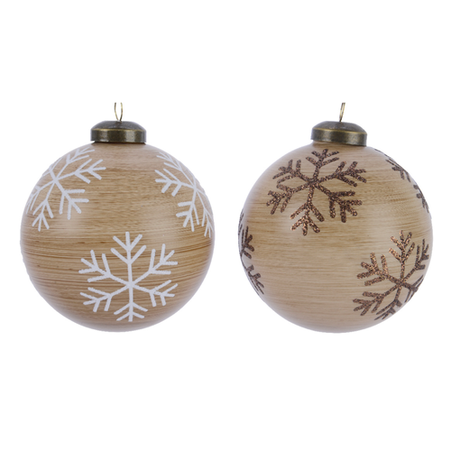 BOULE DE NOËL EN VERRE EFFET BOIS MOTIF FLOCON DE NEIGE - ∅8CM