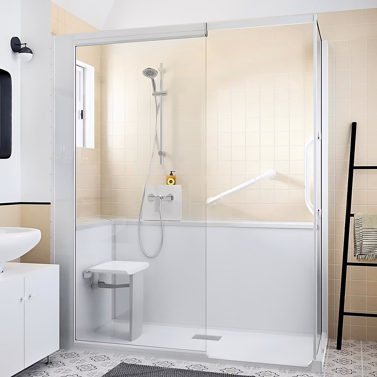 Cabine de douche Kinedo Kinemagic Design 140 × 70 angle basse solo verre transparent avec mitigeur
