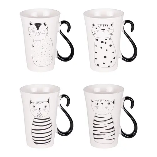Côté végétal：Coffret de 4 mugs en porcelaine blancs et noirs Miaou - 35 cl