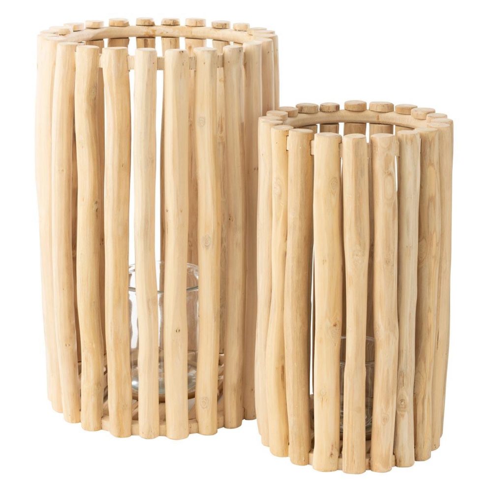 J-LINE Lot de 2 Lanternes en Teck Myrtle 60cm Naturel