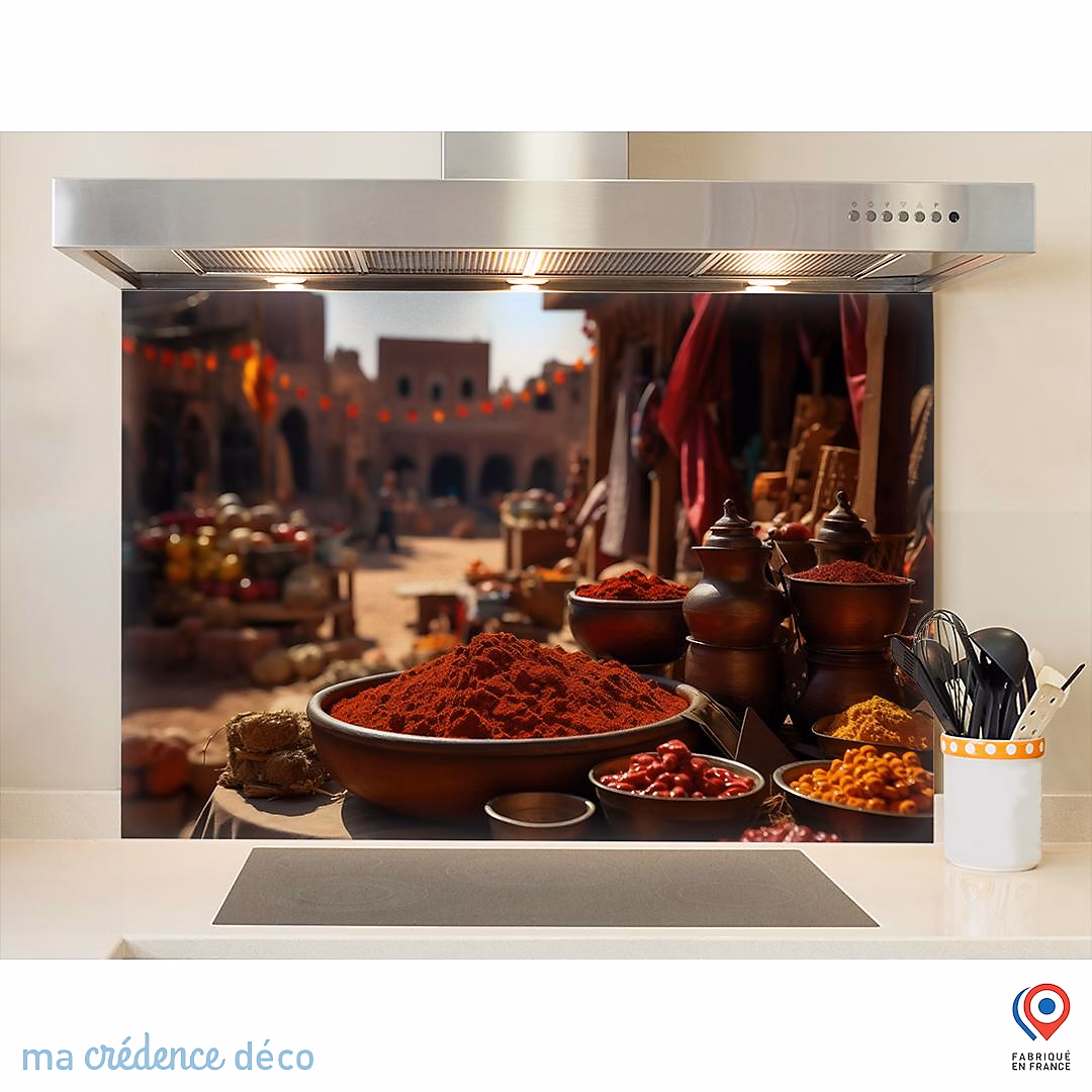 Crédence cuisine fond de hotte Epices et Maroc – Verre trempé, L 70 cm x H 60 cm, MaCrédenceDéco
