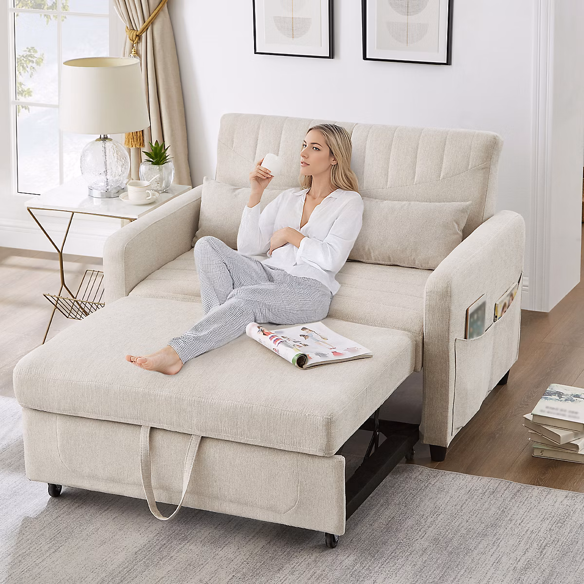 Canapé | lit – Canapé 2 Places Convertible avec Dossier Réglable et Poches D'Accoudoirs – Tissu en Lin – 114x77x82 – 5 cm – Beige
