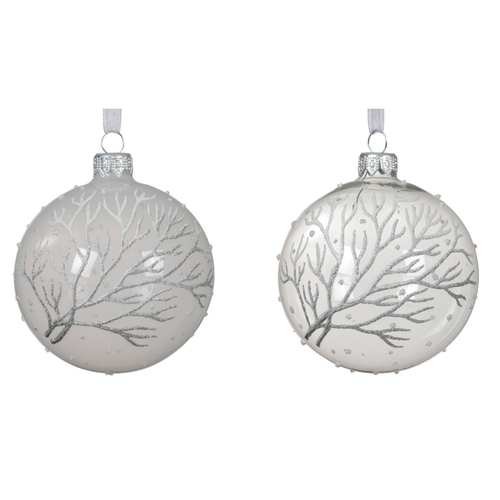 BOULE DE NOËL EN VERRE BLANC HIVER TRANSPARENT MOTIF BRANCHE - ∅8CM