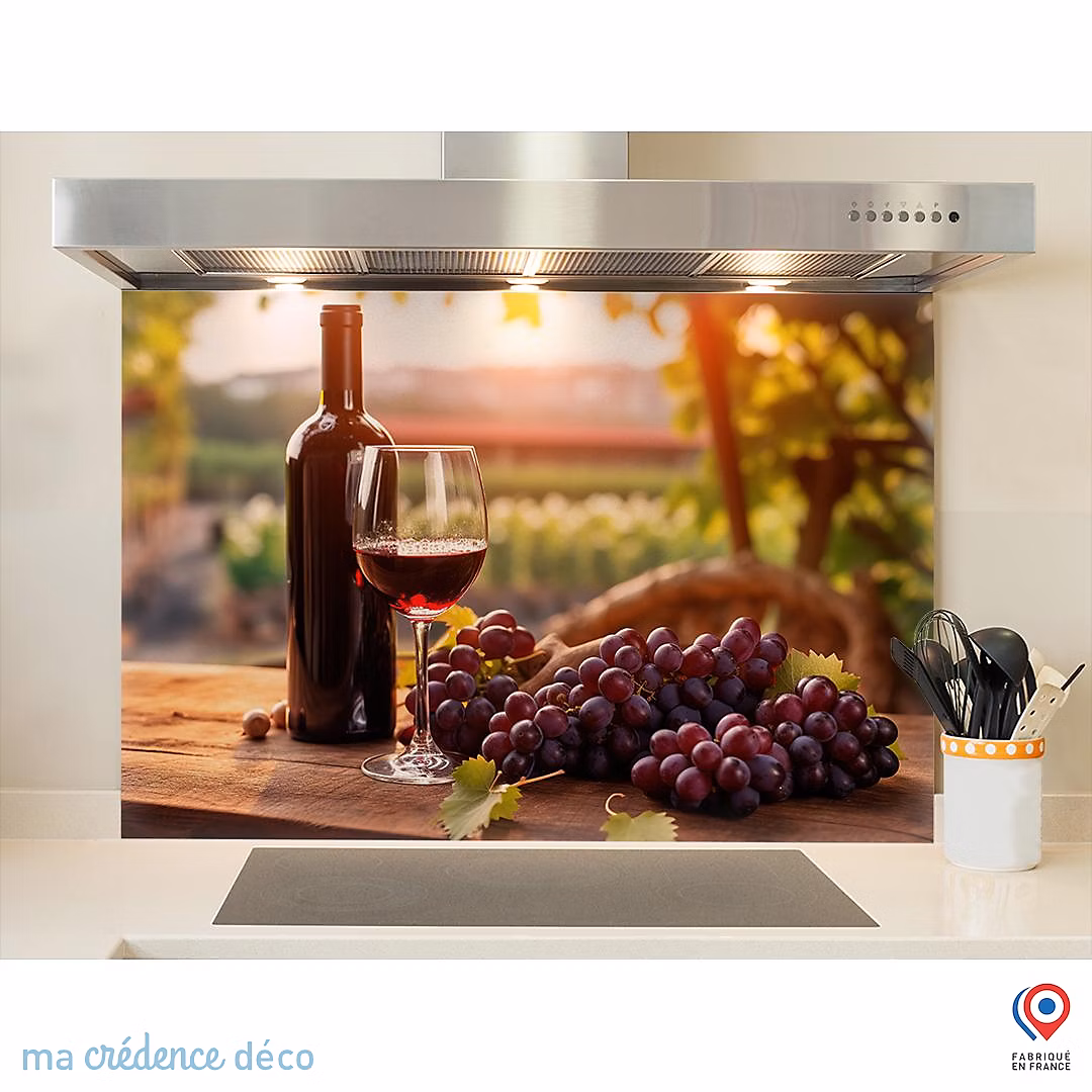 Crédence cuisine fond de hotte Vin rouge et vignobles – Verre trempé | L 60 cm x H 45 cm | MaCrédenceDéco