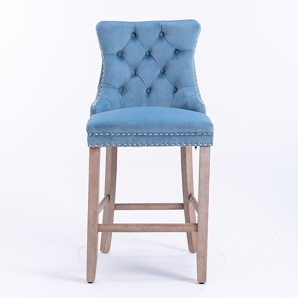 2 Tabourets Bar Velours Bleu Clair – Pieds Bois, Clous