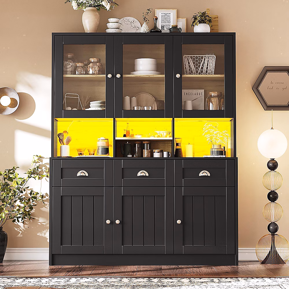 Armoire de cuisine – 140 × 40 × 175cm, blanc/noir, haute, buffet, vitrine, étagères réglables, éclairage LED variable