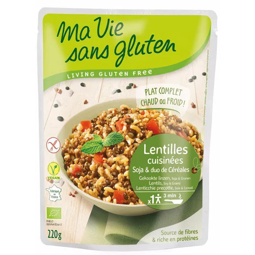 Le bon choix pour le jardin：Repas de lentilles cuisinées et céréales bio en doypack de 220 g