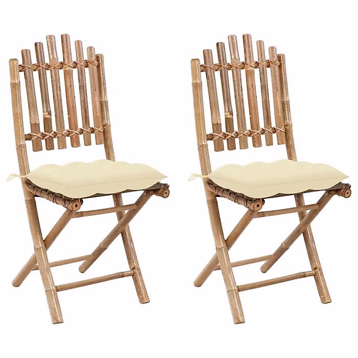 Chaises pliables de jardin – VIDAXL, Bambou, Coussins crème, Brun, 2 personnes