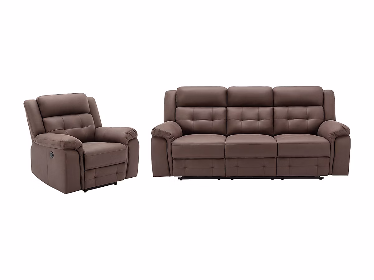 Canapé 3 places et fauteuil relax électrique en microfibre aspect cuir vieilli marron ORTIANO – Réf. HTNRANLSM9082968825