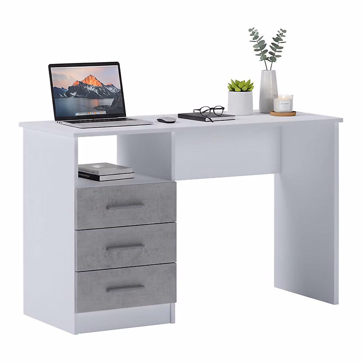 Bureau Egeo – Pupitre polyvalent, Table de bureau pour PC, Plan de travail, 120x48h75 cm, Blanc et ciment
