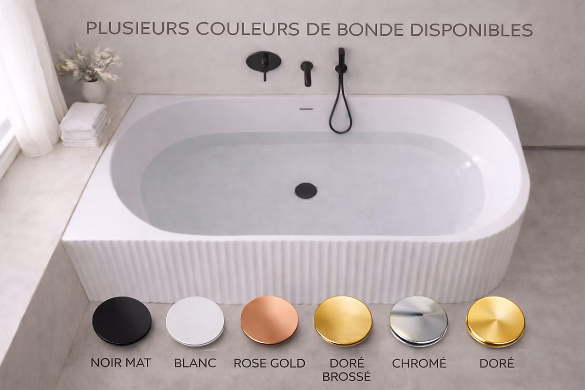 Baignoire d'angle droite | 170 × 75 cm – Blanc brillant rainure avec bonde noire – PERLE