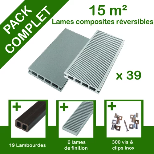 L’essentiel pour l’extérieur：Pack complet terrasse composite gris 15 m2