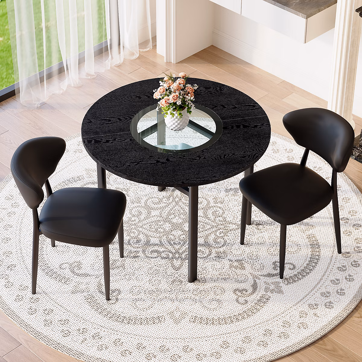 Ensemble table ronde 100 cm noire avec 2 chaises en PU et insert en verre – Réf. HZSKHQCLJ1742451856