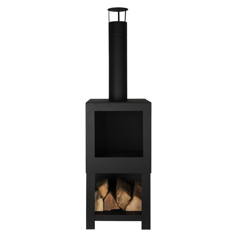 Brasero chauffe terrasse avec rangement bois
