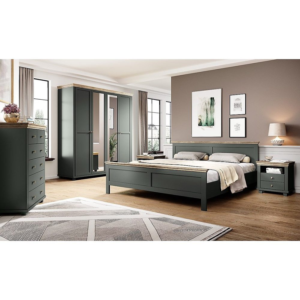 Chambre à coucher ASSIA : Armoire 200cm – Lit 180 × 200, commode, chevets. Coloris vert kaki et chene.