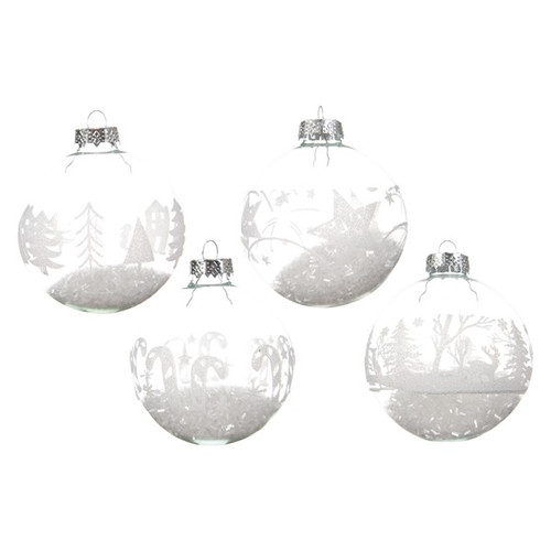 BOULE EN VERRE FLOCON DE NEIGE BLANC AVEC PERLES - ∅8CM