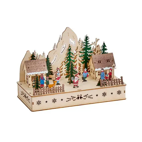 Nature extérieur：Village boisé du Père Noël en bois naturel rouge et vert à 6 LED sur piles - 28 x 14 x 20 cm
