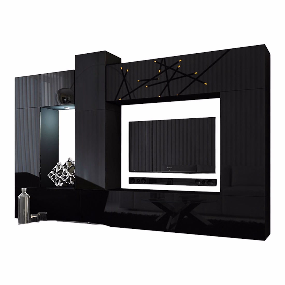 Ensemble de meubles de salon noir suspendus collection CEPTO XXII. 273cm – 10 meubles, leds, modulables.