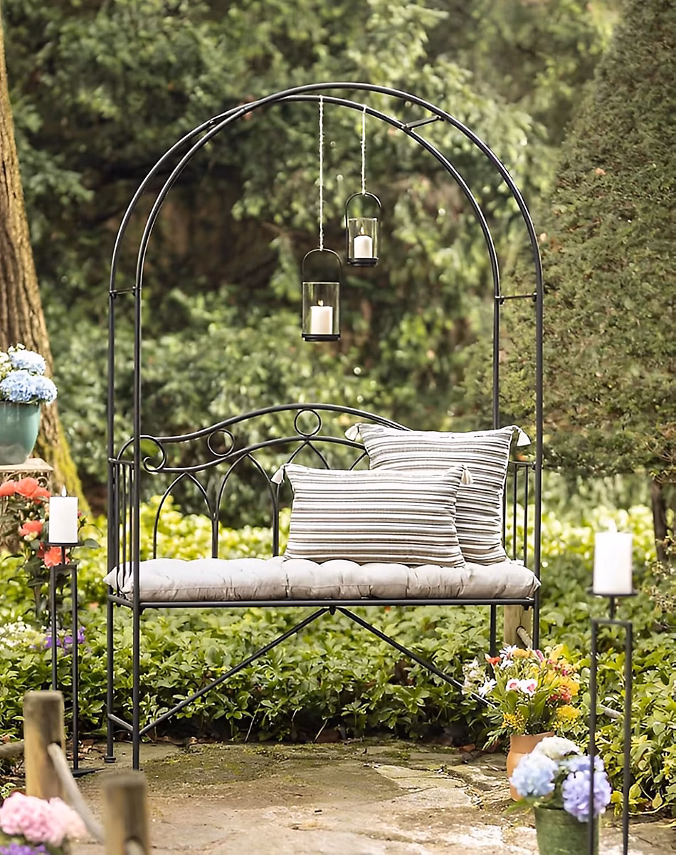 Décoration de jardin – Banc arche de jardin en métal noir 2 places avec support pour plantes grimpantes