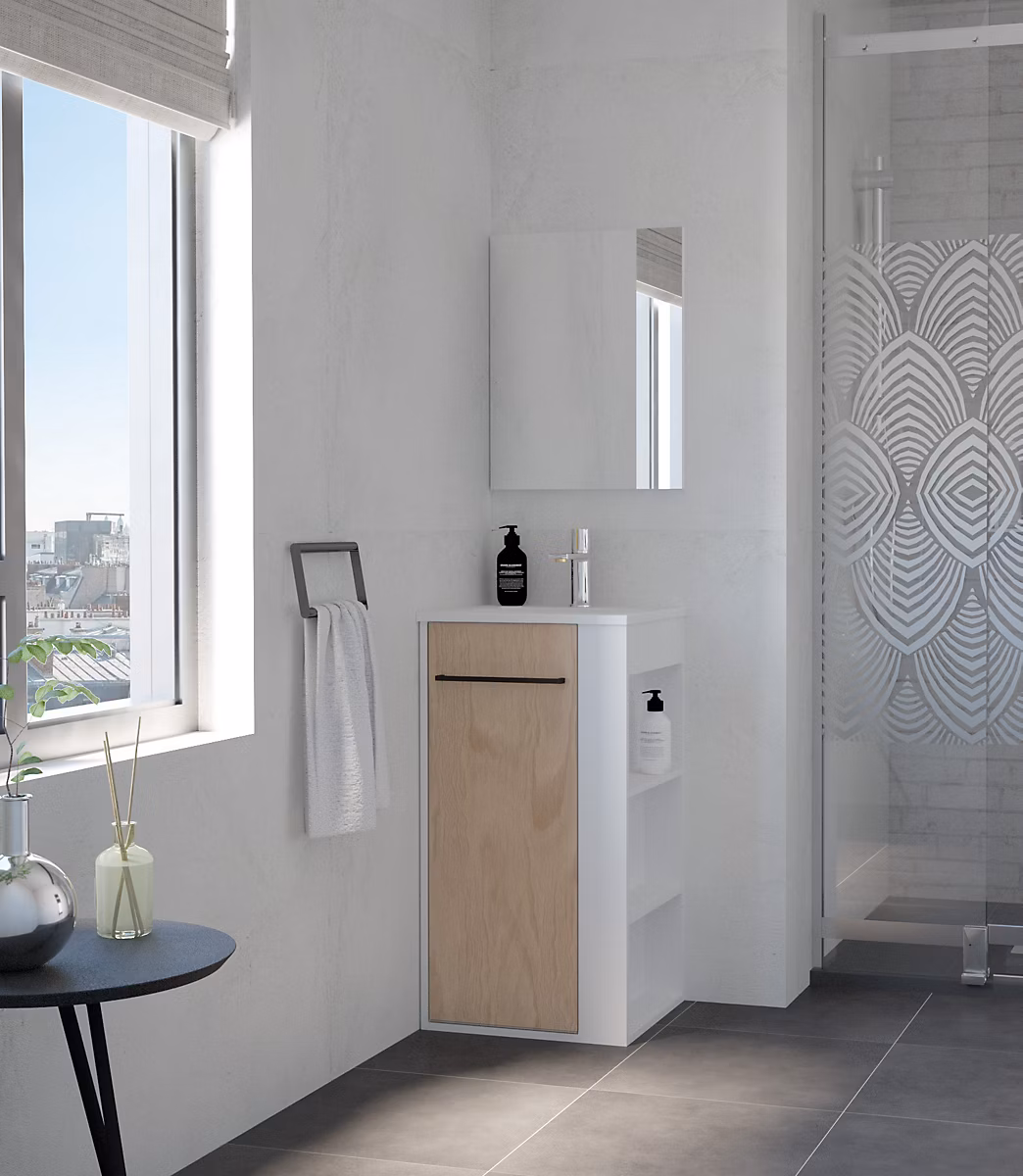 Meuble tout en un compact l.44 x H.84 cm blanc mat et porte effet bois – Ondee Nova