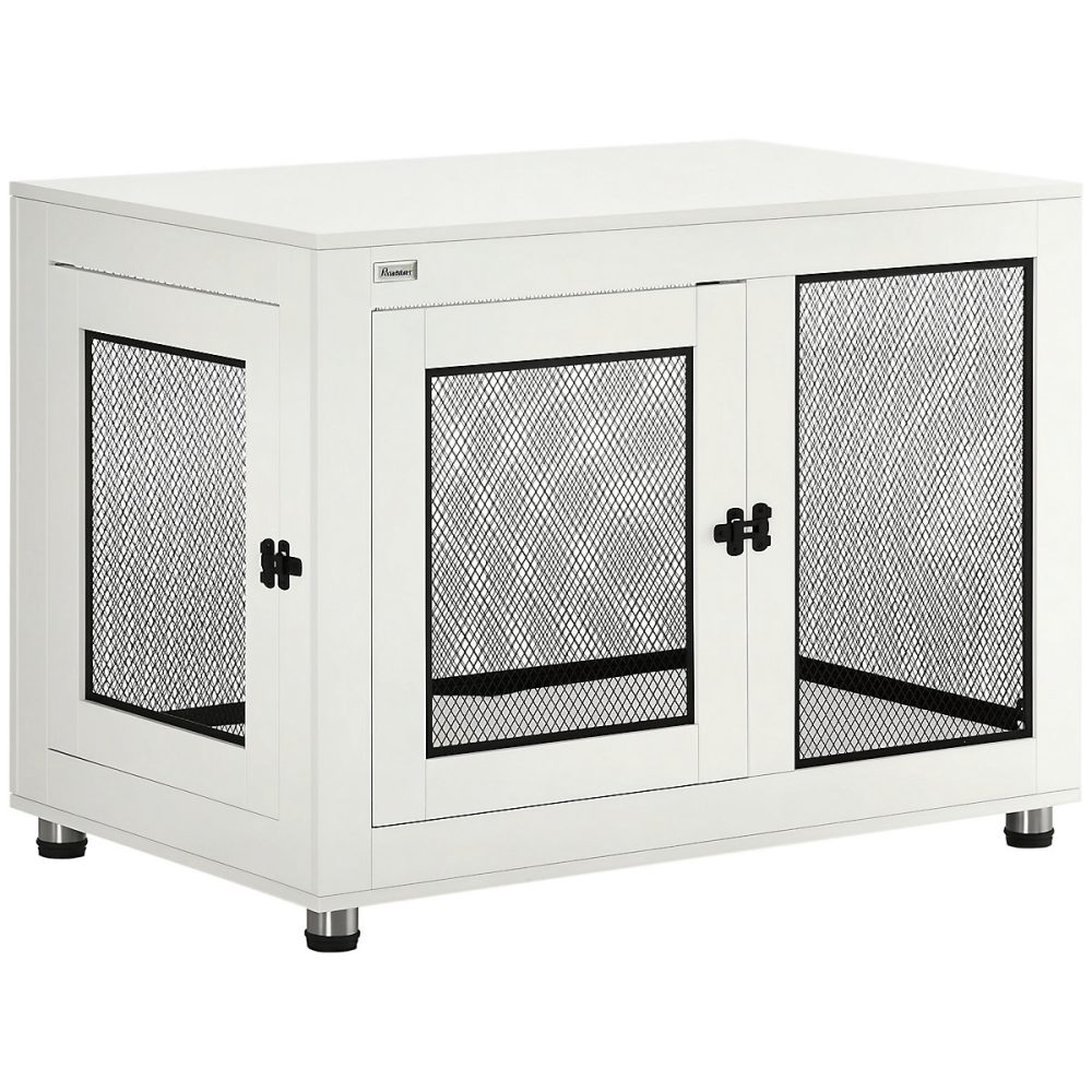 Cage pour chien sur pied style industriel – 2 portes verrouillables, coussin inclus, acier maillé noir panneaux aspect bois blanc